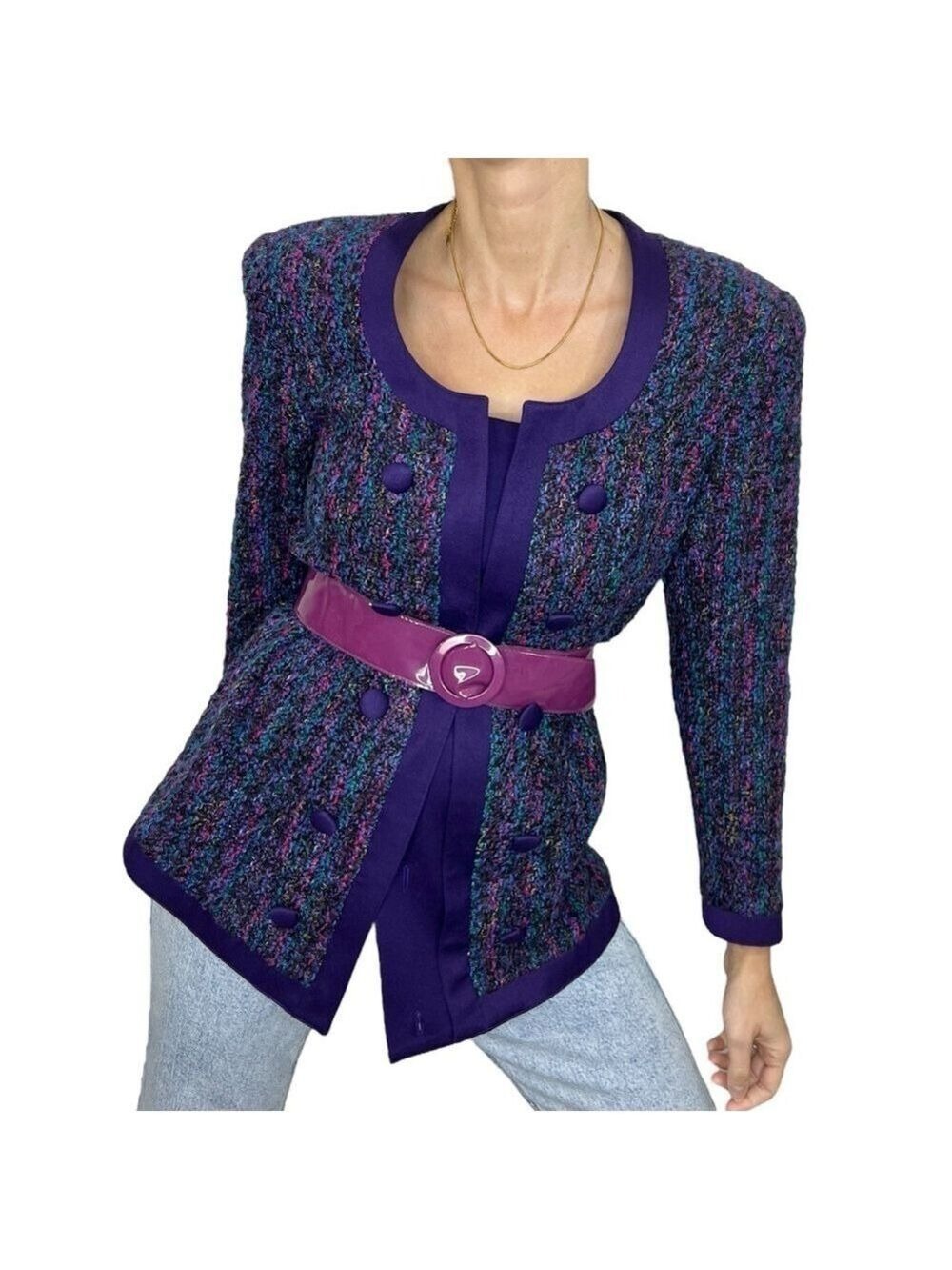 Vintage 80s 90s purple multi colour tweed tailored jacket blazer 10